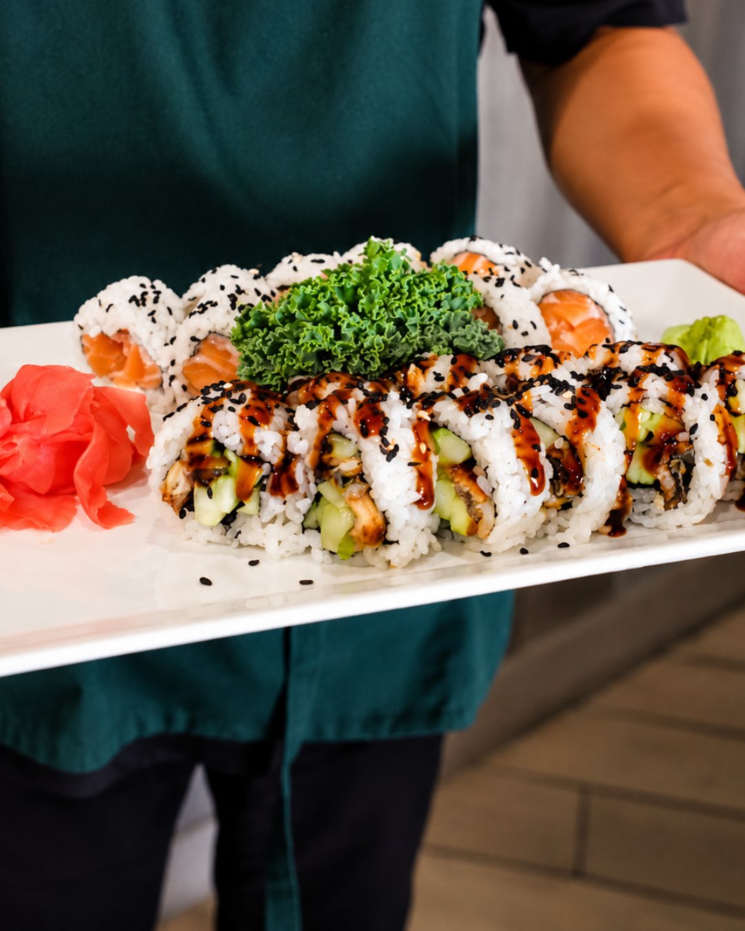 Signature roll platter with eel sauce served at Sumo Sushi
